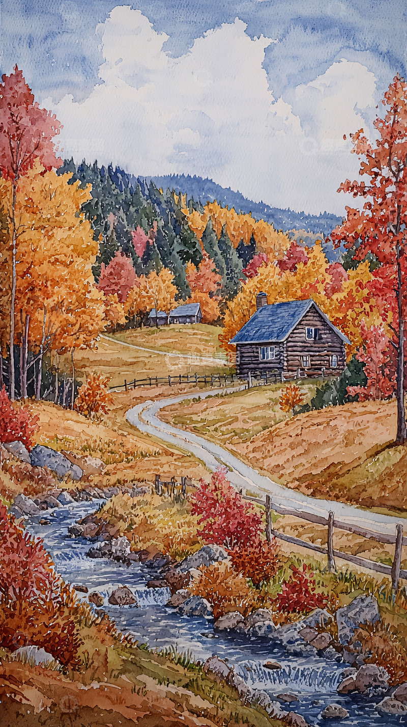 高清大图下载【趣麦麦图】秋日山林小屋风景画