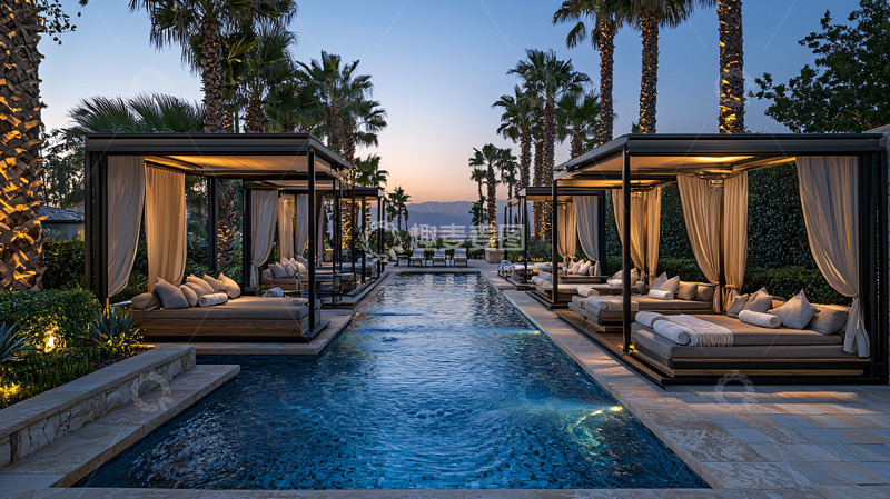 高清大图下载【趣麦麦图】泳池边的度假休闲小屋