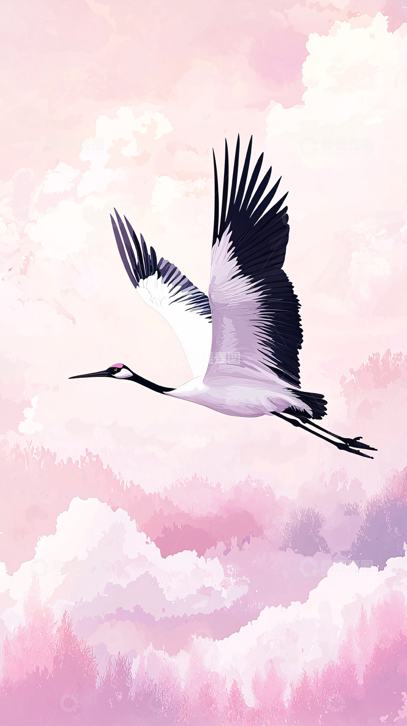 高清大图下载【趣麦麦图】粉色云朵中飞翔的白鹤