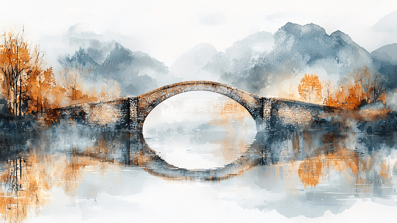 高清大图下载【趣麦麦图】水墨风格的桥梁风景画