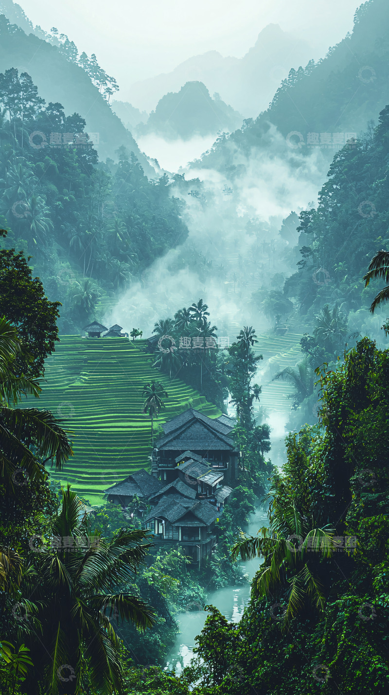 高清大图下载【趣麦麦图】雾气缭绕的山谷梯田