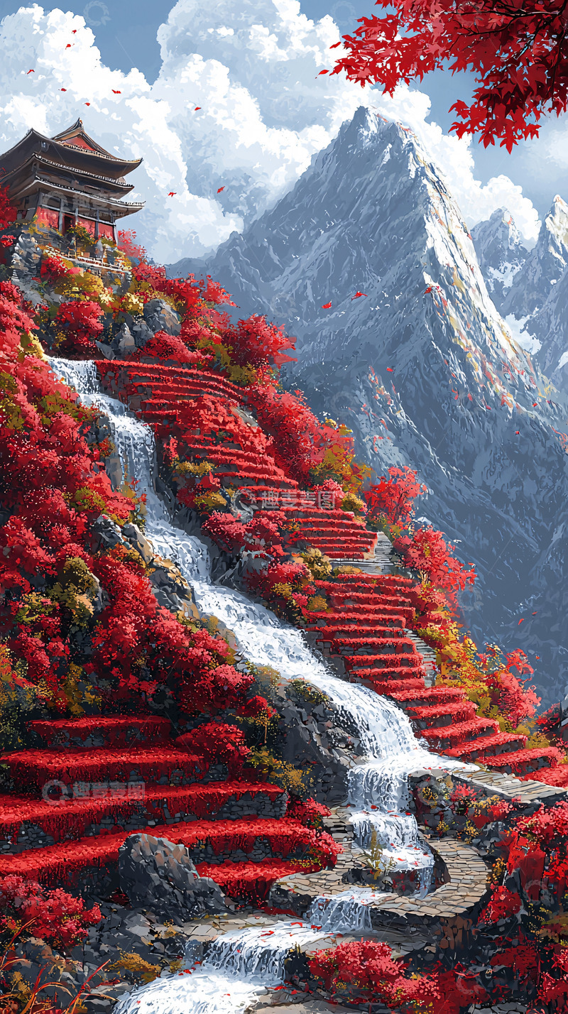 高清大图下载【趣麦麦图】红叶山间的古塔与瀑布