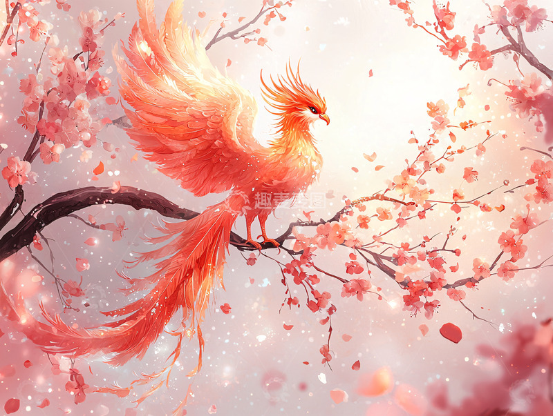 高清大图下载【趣麦麦图】神鸟凤凰栖息在盛开的桃花枝头
