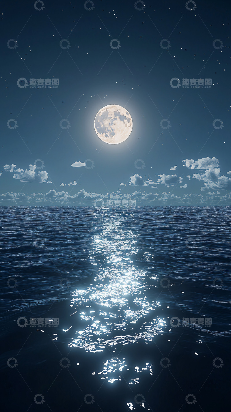 高清大图下载【趣麦麦图】夜晚大海满月