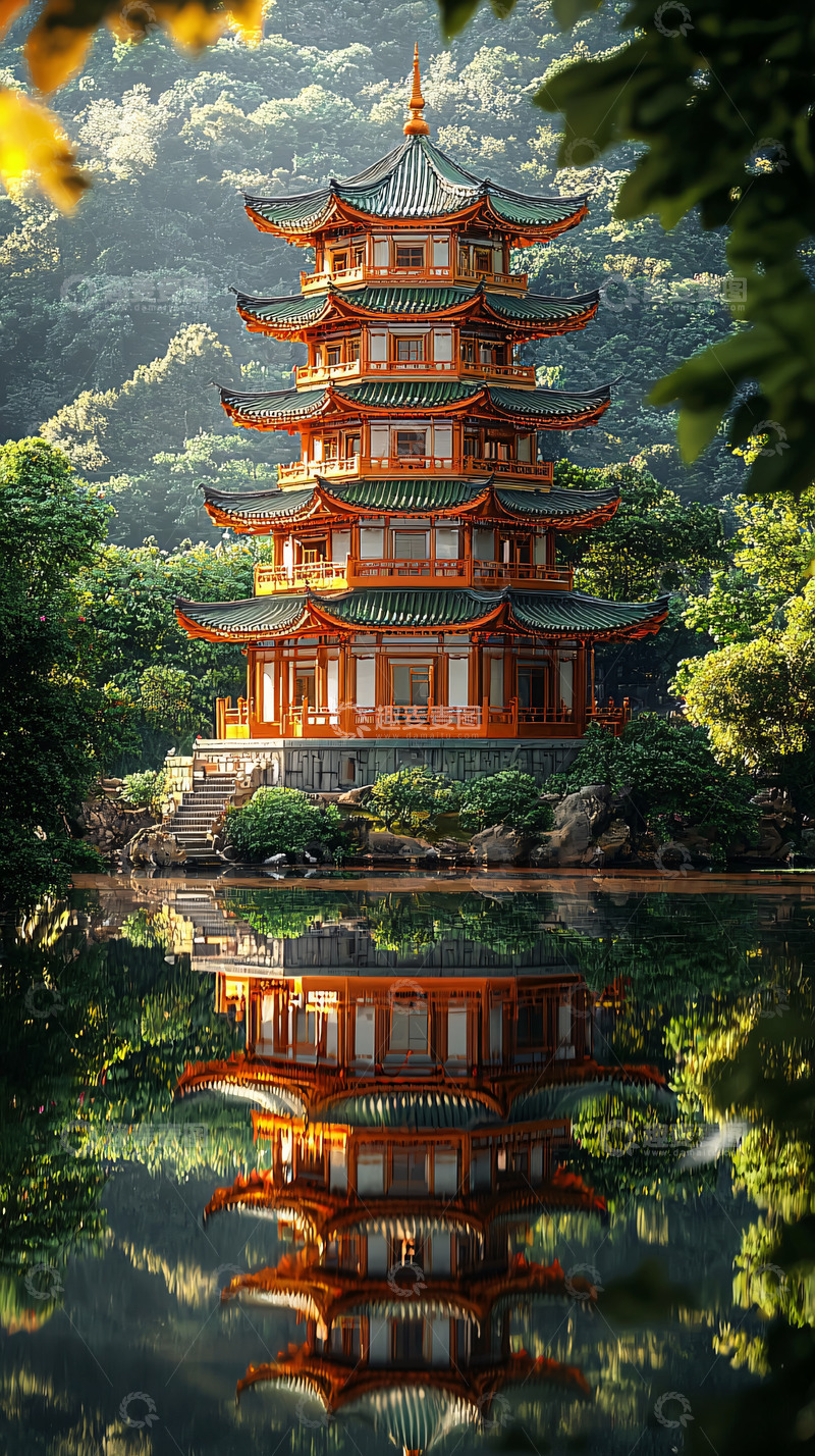 高清大图下载【趣麦麦图】山间古色古香的五层宝塔