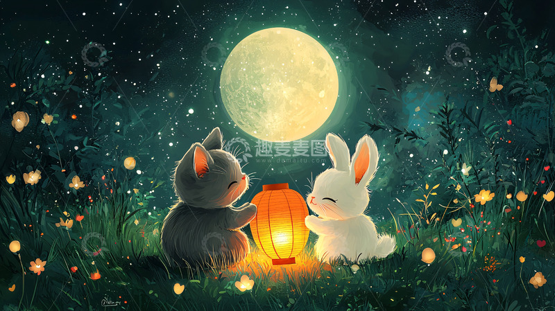 高清大图下载【趣麦麦图】中秋节兔子猫咪