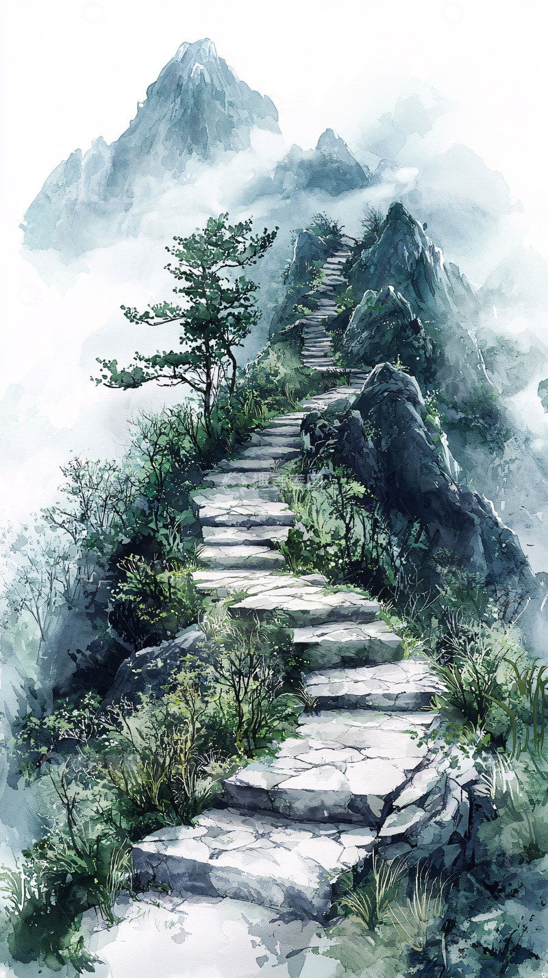 高清大图下载【趣麦麦图】云雾缭绕的山间石阶