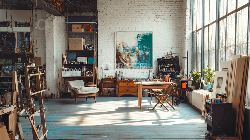 高清大图下载【趣麦麦图】阳光洒进的艺术家工作室