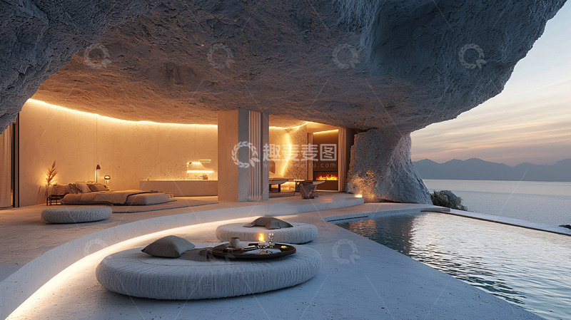 高清大图下载【趣麦麦图】悬崖洞穴别墅夜景