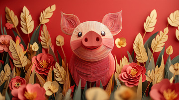 红色背景卡通小猪