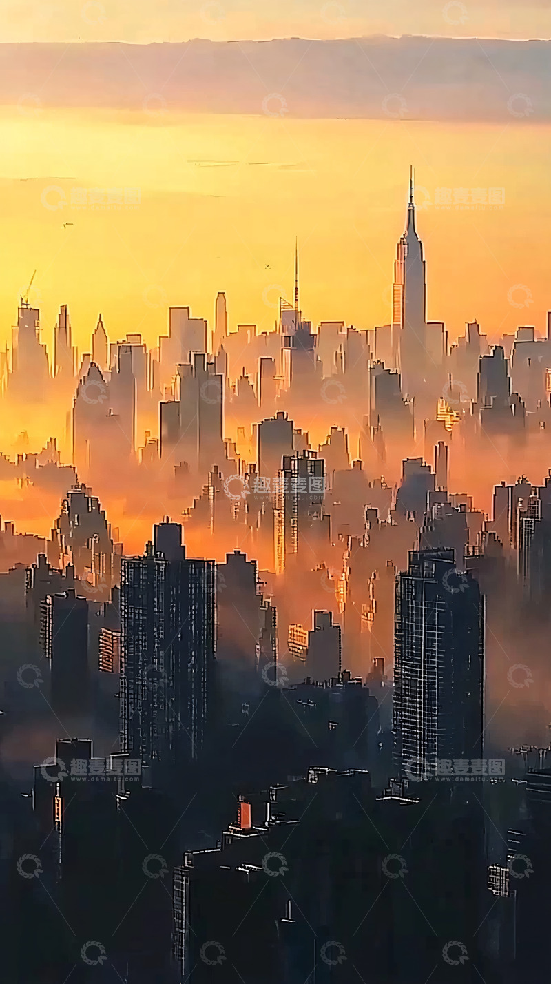 高清大图下载【趣麦麦图】日出城市雾霭景观