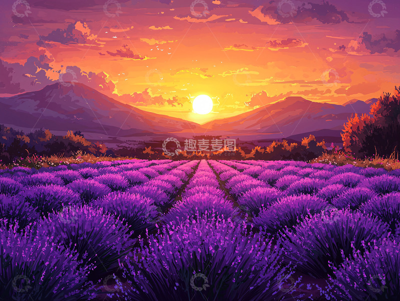 高清大图下载【趣麦麦图】紫色薰衣草田夕阳