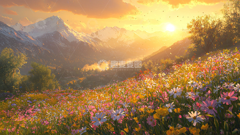 高清大图下载【趣麦麦图】日出山峰花海