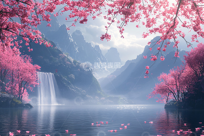 高清大图下载【趣麦麦图】梦幻樱花瀑布仙境