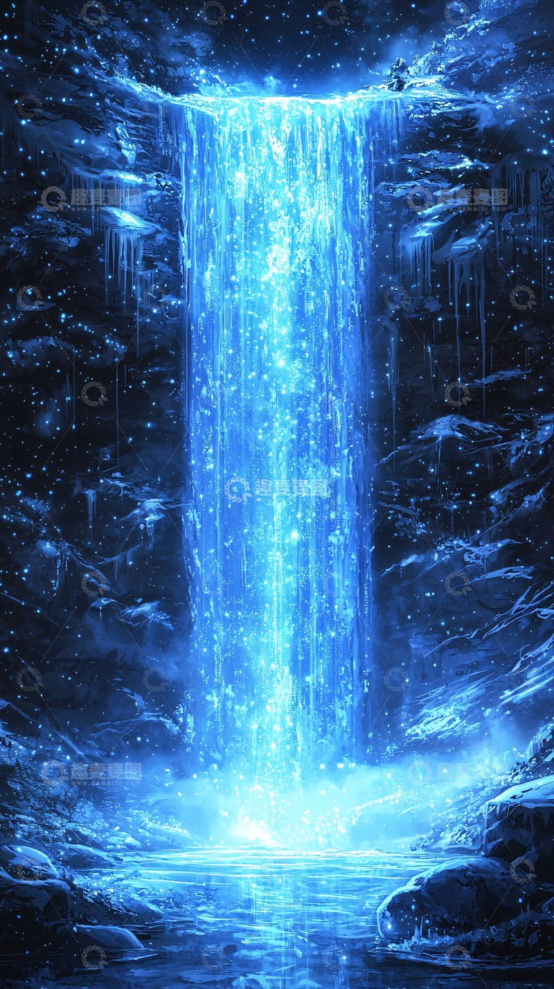 高清大图下载【趣麦麦图】蓝色梦幻瀑布雪景