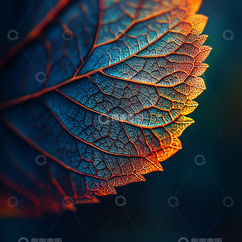 高清大图下载【趣麦麦图】蓝橘色叶片脉络特写