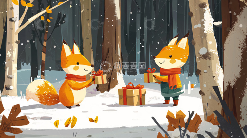 高清大图下载【趣麦麦图】雪地里交换礼物的两只狐狸