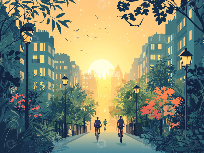 高清大图下载【趣麦麦图】城市街道日落剪影