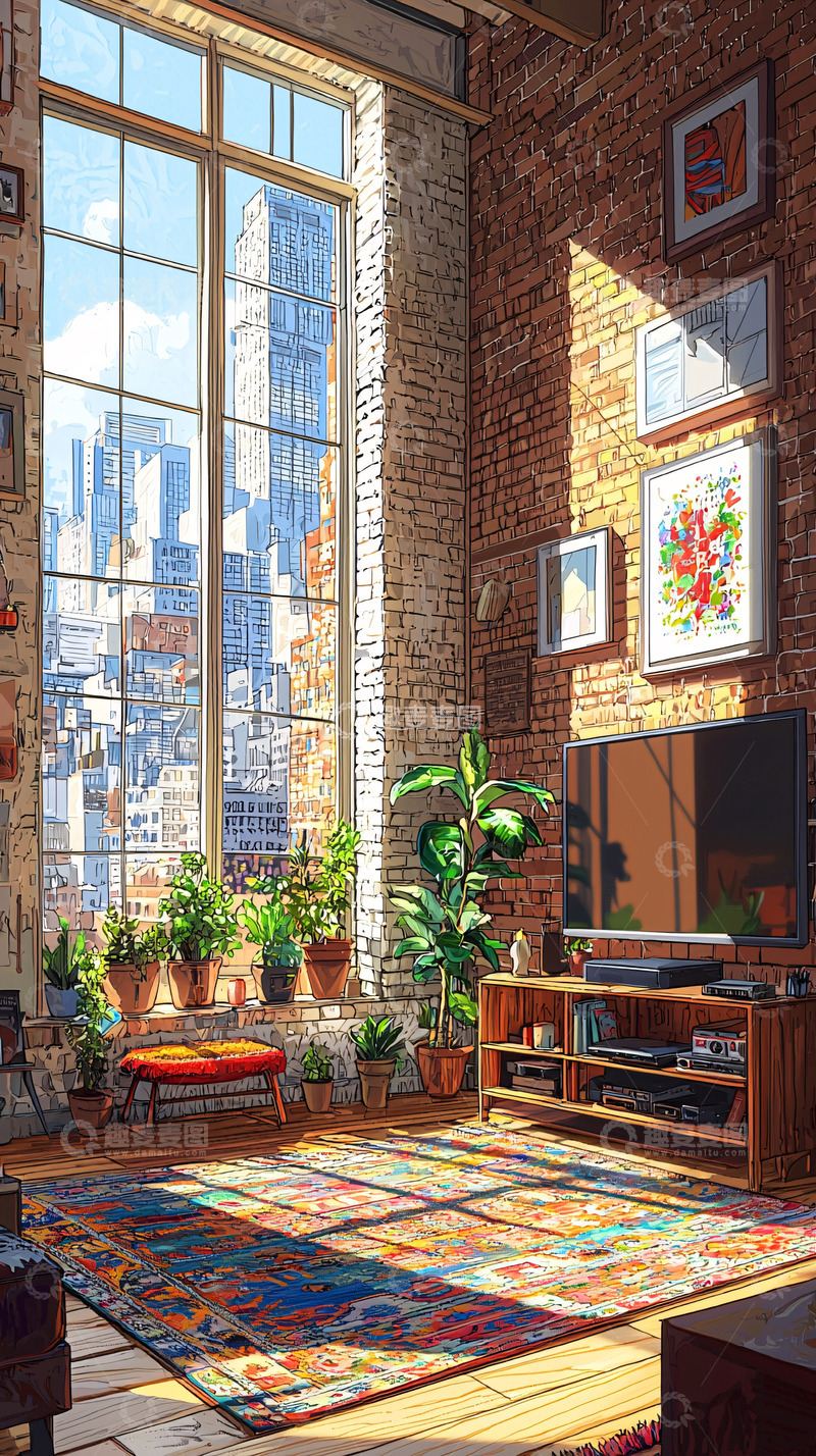 高清大图下载【趣麦麦图】阳光洒进砖墙公寓客厅