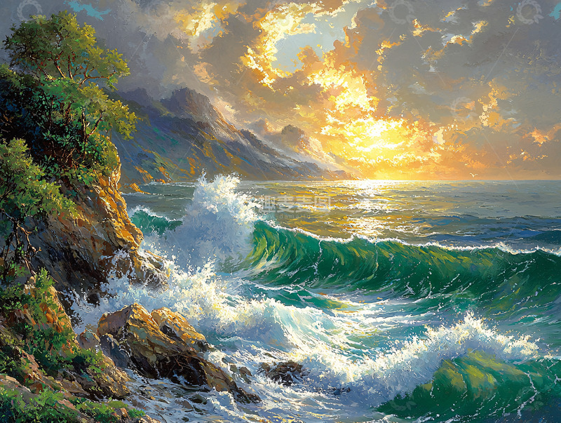 高清大图下载【趣麦麦图】海边日出波涛汹涌