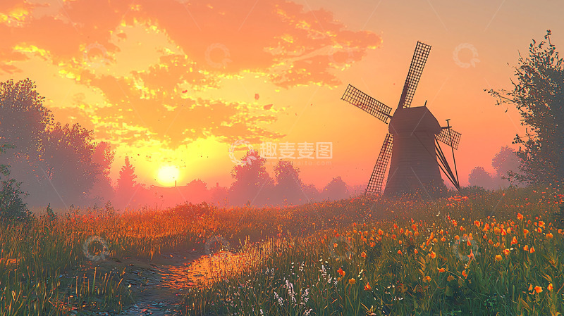 高清大图下载【趣麦麦图】日落风车田园风景