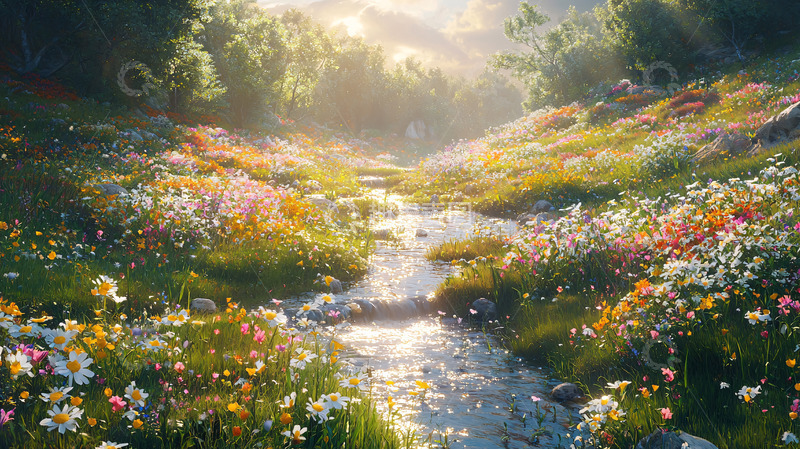 高清大图下载【趣麦麦图】阳光森林小溪花海