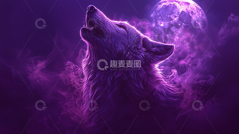 高清大图下载【趣麦麦图】紫色狼对着月亮嚎叫