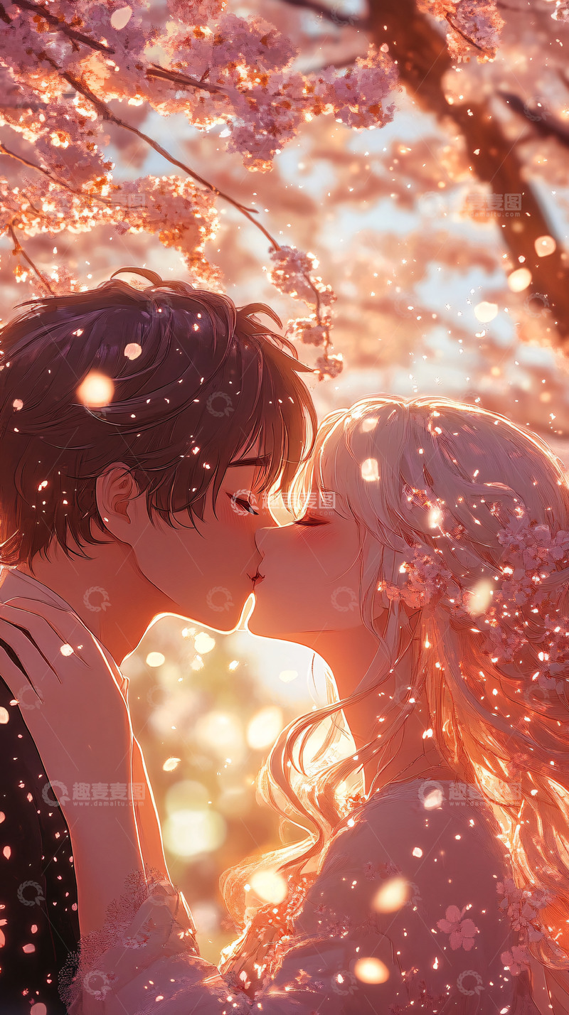 高清大图下载【趣麦麦图】樱花树下情侣接吻