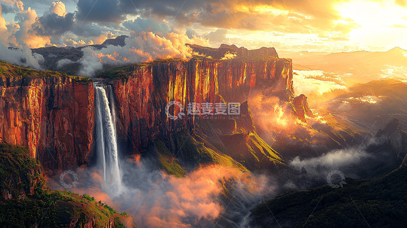 高清大图下载【趣麦麦图】壮丽的落日瀑布景观