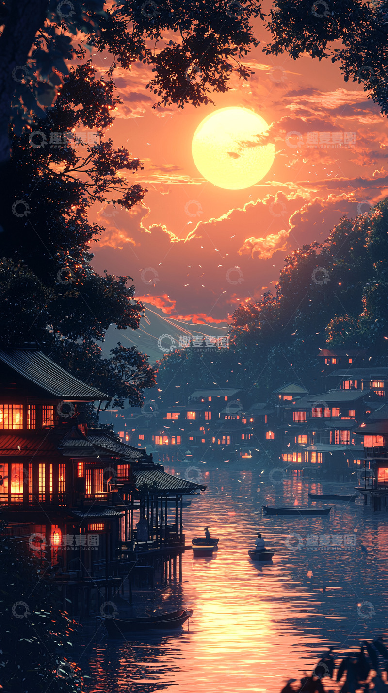 高清大图下载【趣麦麦图】日落黄昏小镇夜景