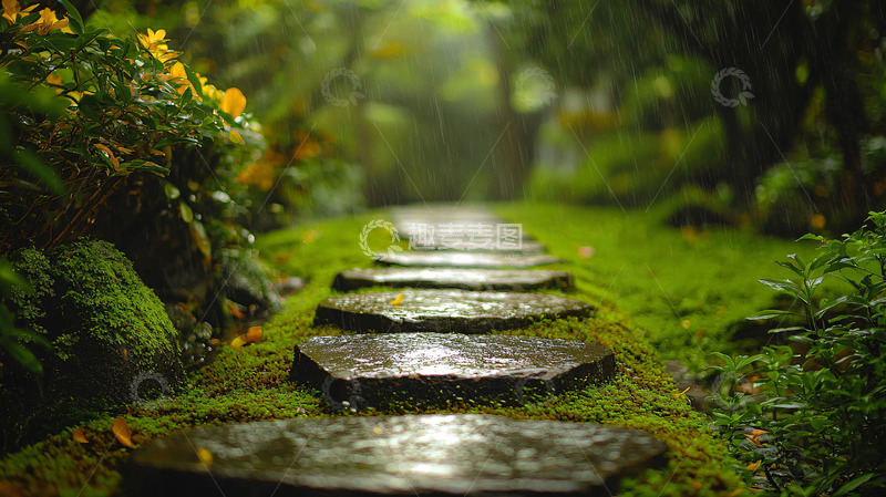 高清大图下载【趣麦麦图】绿意盎然的石板小路