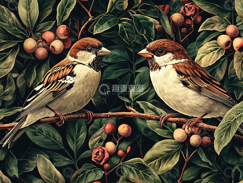 高清大图下载【趣麦麦图】树枝上的两只麻雀