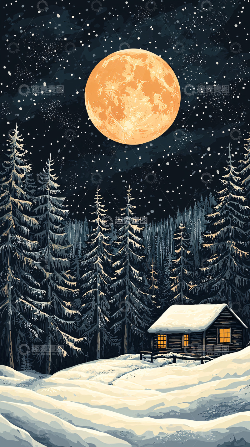 高清大图下载【趣麦麦图】冬夜雪景小屋满月
