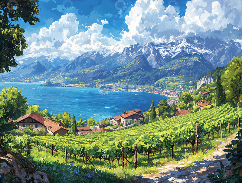 高清大图下载【趣麦麦图】山间湖畔葡萄园风景