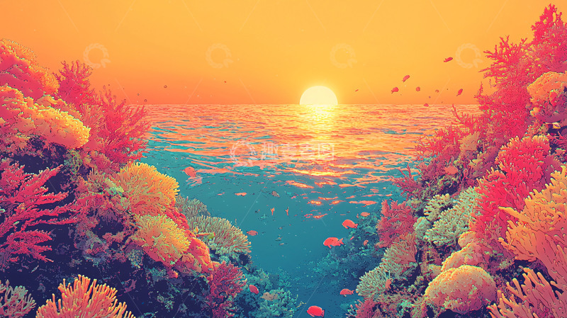 高清大图下载【趣麦麦图】珊瑚礁夕阳