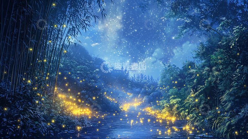 高清大图下载【趣麦麦图】夜色下森林里点点荧光