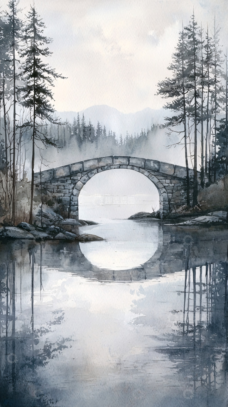 高清大图下载【趣麦麦图】拱桥森林湖泊水面倒影