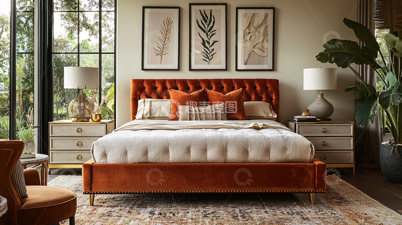 高清大图下载【趣麦麦图】橙色绒面床