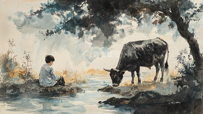 高清大图下载【趣麦麦图】男孩和水牛