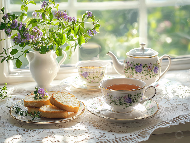 高清大图下载【趣麦麦图】窗边茶点与花束的静谧时光