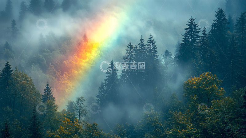 高清大图下载【趣麦麦图】雾气森林彩虹