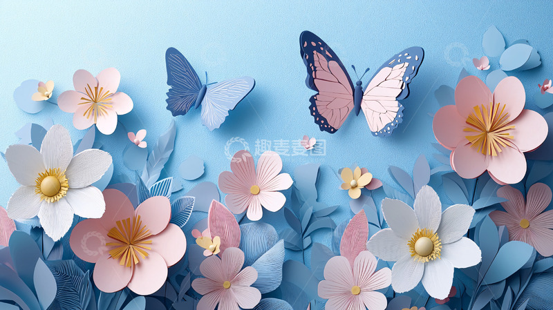 高清大图下载【趣麦麦图】蓝粉色纸艺花卉蝴蝶背景图