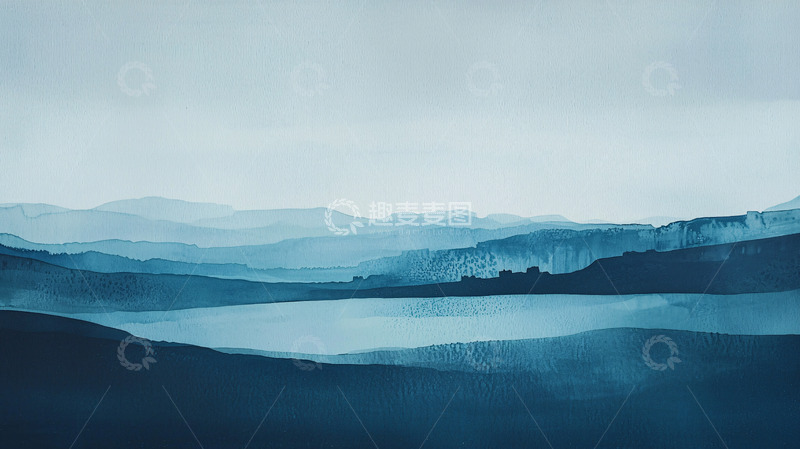 高清大图下载【趣麦麦图】朦胧蓝色山峦湖泊景色