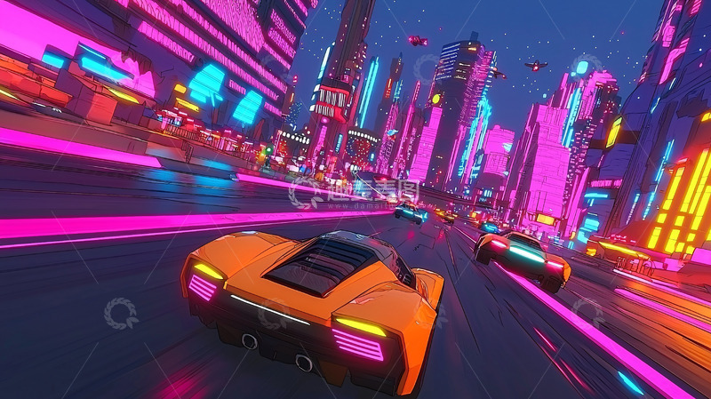 高清大图下载【趣麦麦图】霓虹赛车夜景都市
