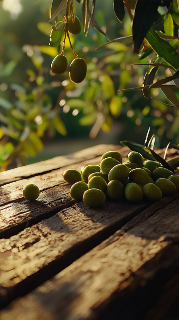 阳光下木桌上新鲜橄榄