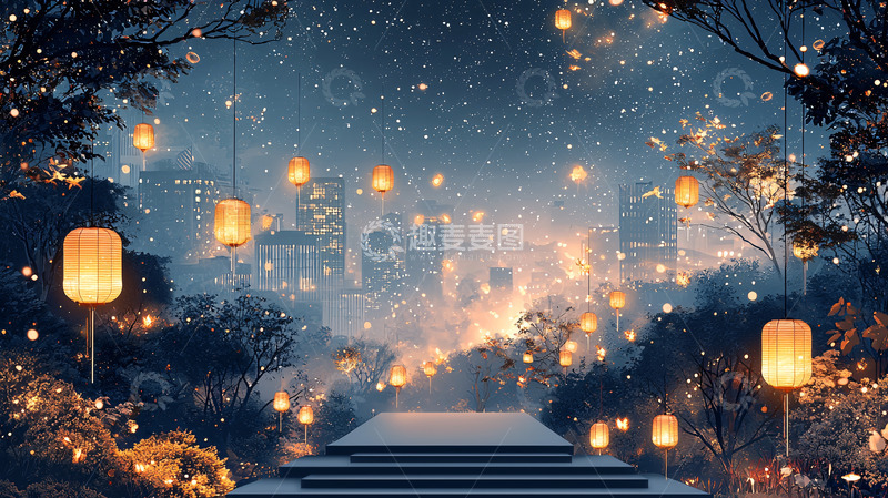 高清大图下载【趣麦麦图】冬日雪景城市灯笼