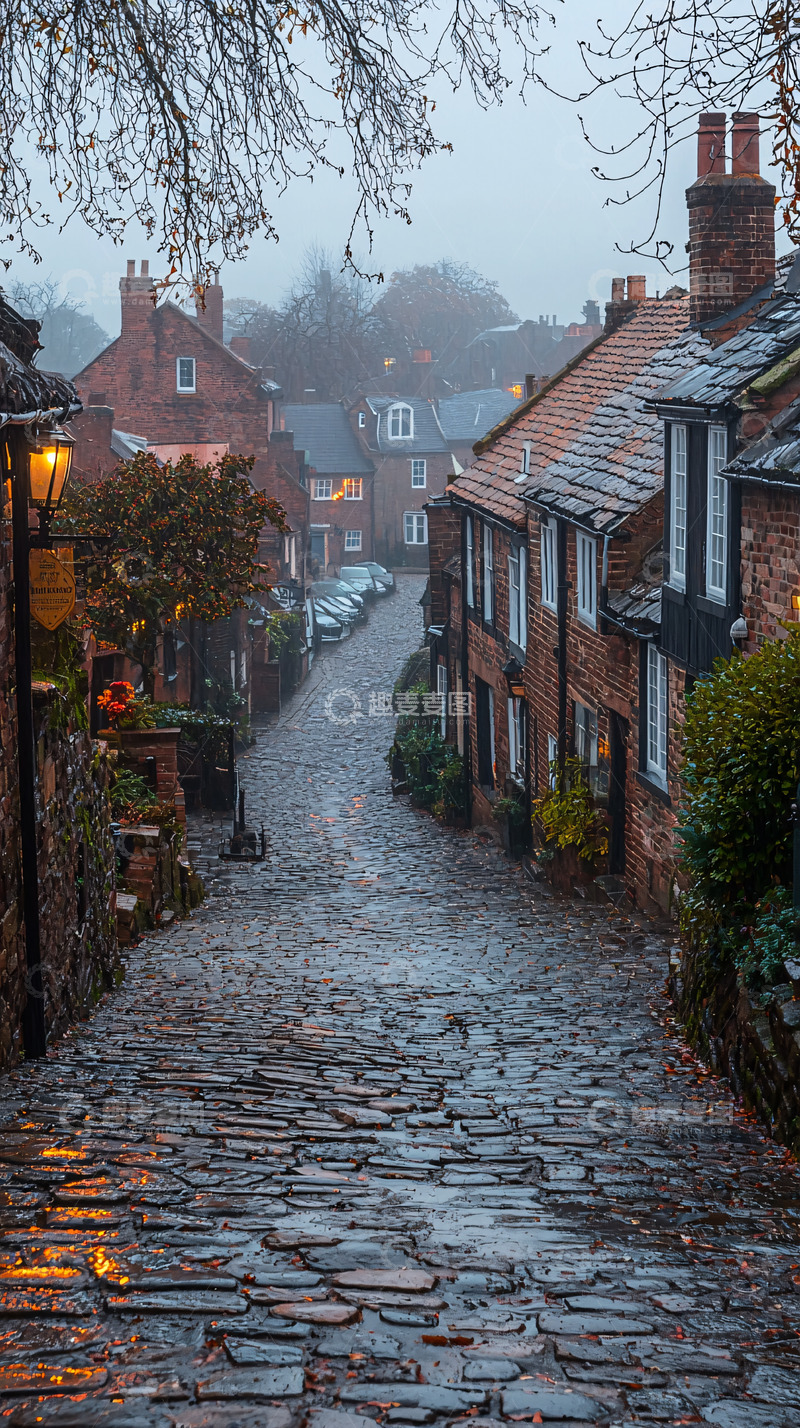 高清大图下载【趣麦麦图】砖瓦房小镇的雨天