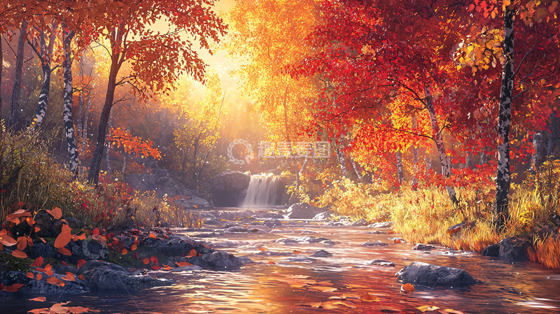 高清大图下载【趣麦麦图】秋日森林小溪瀑布