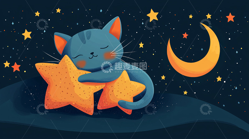 高清大图下载【趣麦麦图】猫咪抱着星星睡觉