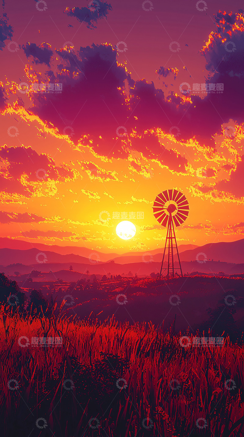 高清大图下载【趣麦麦图】日落风车田野风景
